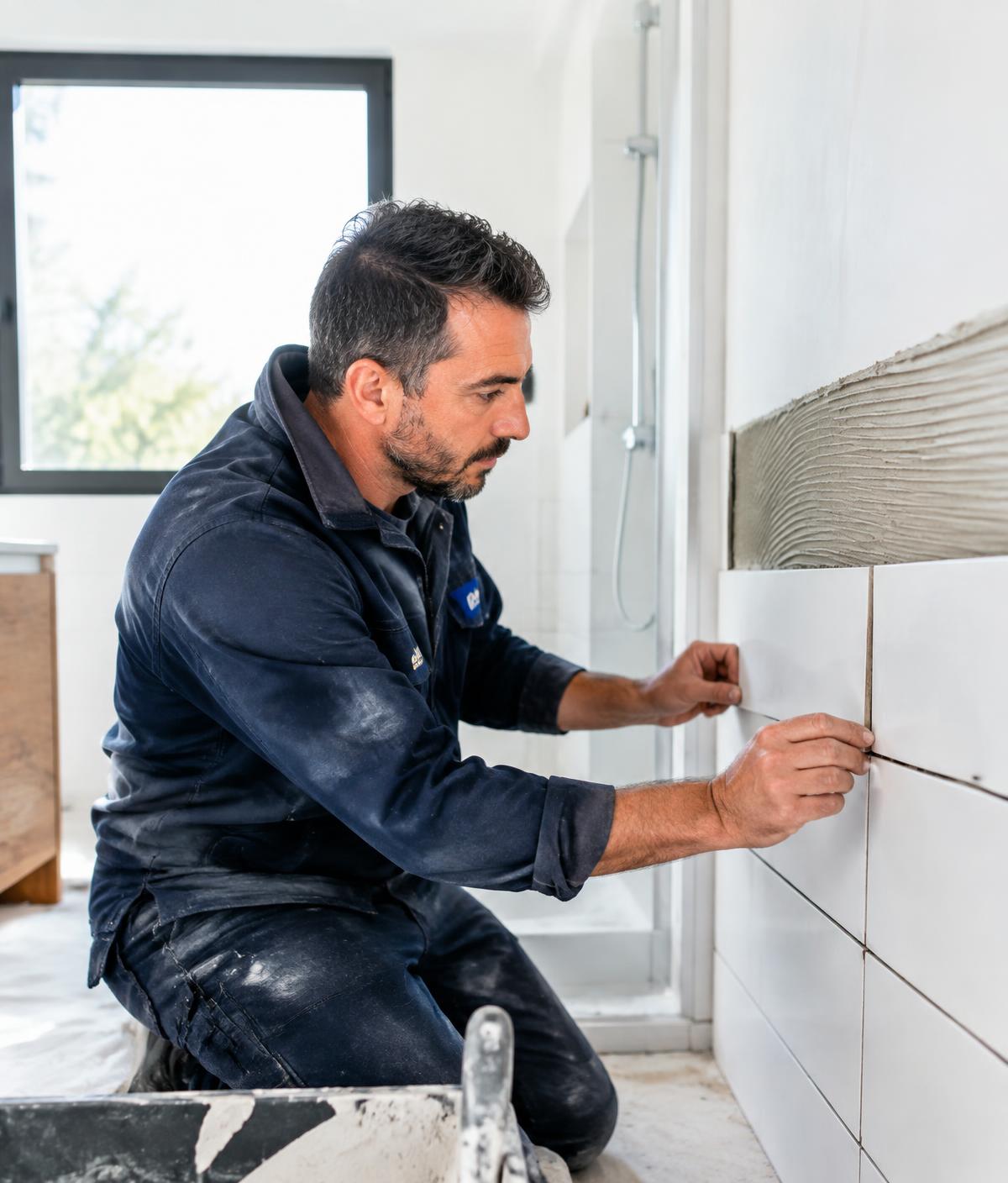 Artisan posant du carrelage dans une salle de bains en rénovation